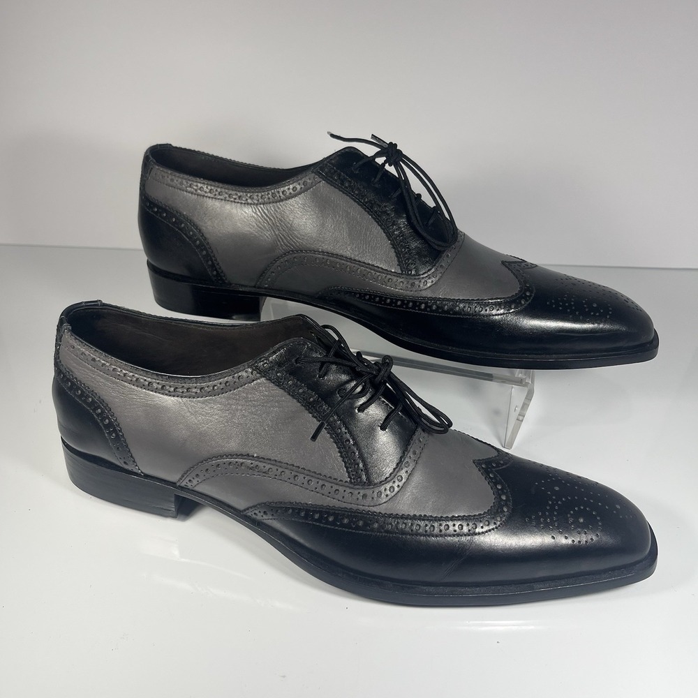 Hand Made Black Gray Tan Leather Oxford Wingtip Size 14
